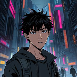 A mysterious and intense scene in a manhwa, featuring a young male character navigating a dark sci-fi city