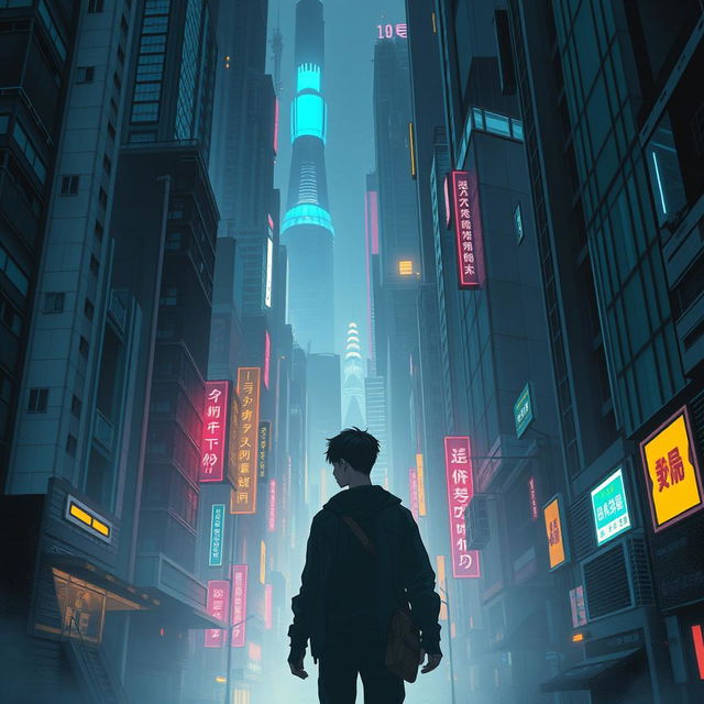 A mysterious and intense scene in a manhwa, featuring a young male character navigating a dark sci-fi city