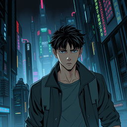 A mysterious and intense scene in a manhwa, featuring a young male character navigating a dark sci-fi city