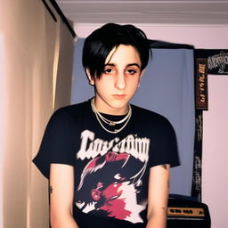 Early 2000s Bebo profile picture of an edgy teenager embodying the depression era. He has dyed black hair, wears thick eyeliner and a band t-shirt. The background is a dimly lit room with band posters.