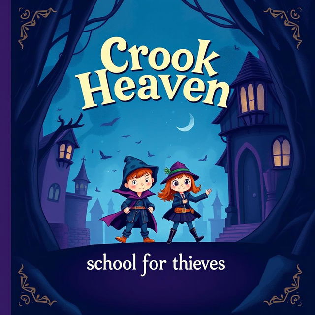 A captivating children's book cover illustration featuring a dark blue and purple color scheme