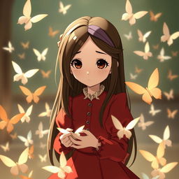 A Studio Ghibli-inspired character with long brown hair parted to the side, brown eyes, wearing a red Victorian-era dress