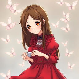 A Studio Ghibli-inspired character with long brown hair parted to the side, brown eyes, wearing a red Victorian-era dress