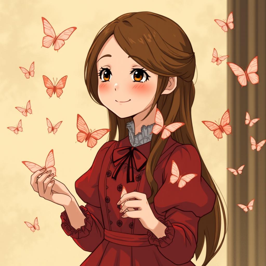 A youthful Studio Ghibli-inspired character, 18 years old, with long brown hair parted to the side and brown eyes, dressed in a red Victorian-era dress