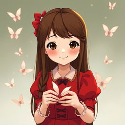 A youthful Studio Ghibli-inspired character, 18 years old, with long brown hair parted to the side and brown eyes, dressed in a red Victorian-era dress