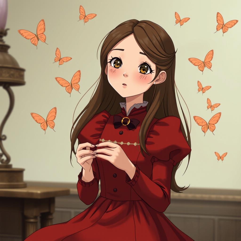 A youthful Studio Ghibli-inspired character, 18 years old, with long brown hair parted to the side and brown eyes, dressed in a red Victorian-era dress