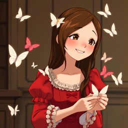 A youthful Studio Ghibli-inspired character, 18 years old, with long brown hair parted to the side and brown eyes, dressed in a red Victorian-era dress