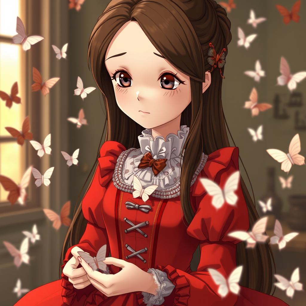 An adult Studio Ghibli-inspired character with long brown hair parted to the side and brown eyes, attired in an exquisite red Victorian-era dress