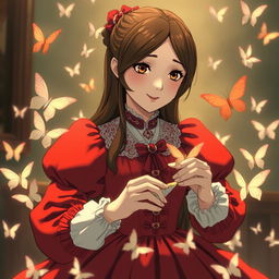 An adult Studio Ghibli-inspired character with long brown hair parted to the side and brown eyes, attired in an exquisite red Victorian-era dress