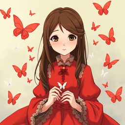 An adult Studio Ghibli-inspired character with long brown hair parted to the side and brown eyes, attired in an exquisite red Victorian-era dress