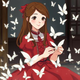 An adult Studio Ghibli-inspired character with long brown hair parted to the side and brown eyes, attired in an exquisite red Victorian-era dress