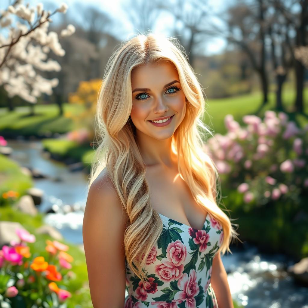 A beautiful blonde woman with attractive features, standing in a scenic location