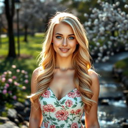 A beautiful blonde woman with attractive features, standing in a scenic location