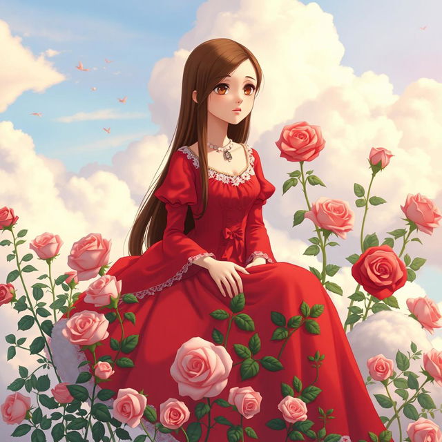 An adult Studio Ghibli-inspired character with long brown hair parted to the side and brown eyes, dressed in a red Victorian-era dress