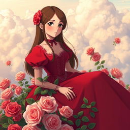 An adult Studio Ghibli-inspired character with long brown hair parted to the side and brown eyes, dressed in a red Victorian-era dress