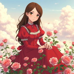 An adult Studio Ghibli-inspired character with long brown hair parted to the side and brown eyes, dressed in a red Victorian-era dress