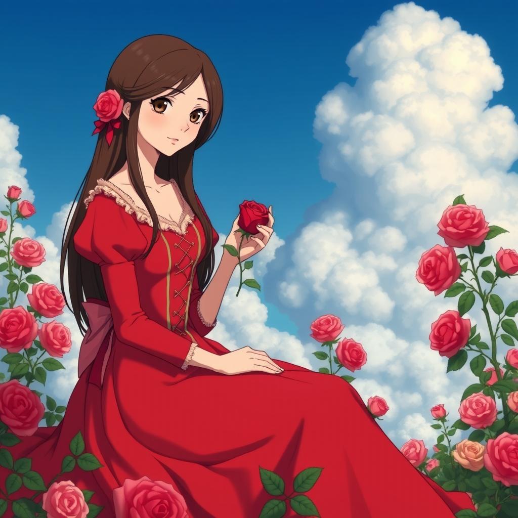 An adult Studio Ghibli-inspired character with long brown hair parted to the side and brown eyes, elegantly dressed in a red Victorian-era dress