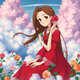 An adult Studio Ghibli-inspired character with long brown hair parted to the side and brown eyes, elegantly dressed in a red Victorian-era dress