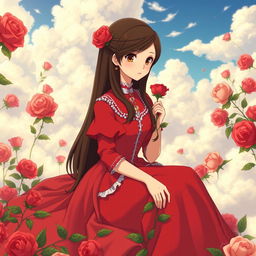 An adult Studio Ghibli-inspired character with long brown hair parted to the side and brown eyes, elegantly dressed in a red Victorian-era dress