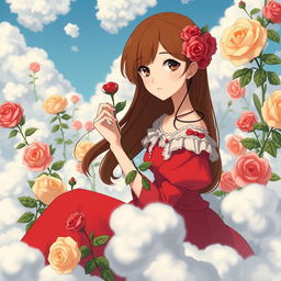 An adult Studio Ghibli-inspired character with long brown hair parted to the side and brown eyes, elegantly dressed in a red Victorian-era dress