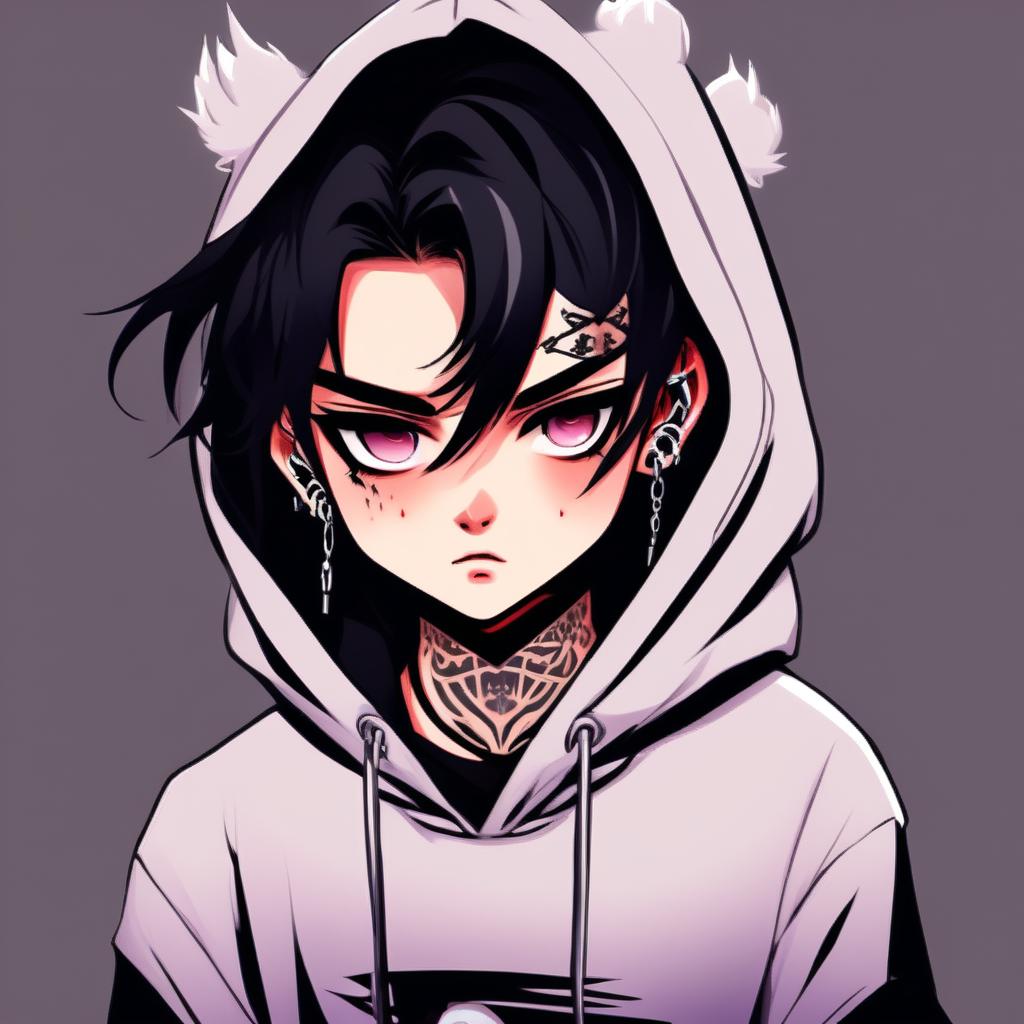 Digital art portrait of an angsty teenager with face tattoos, stormy eyes, messy black hair, silver grill, and black hoodie against a dark gradient background.