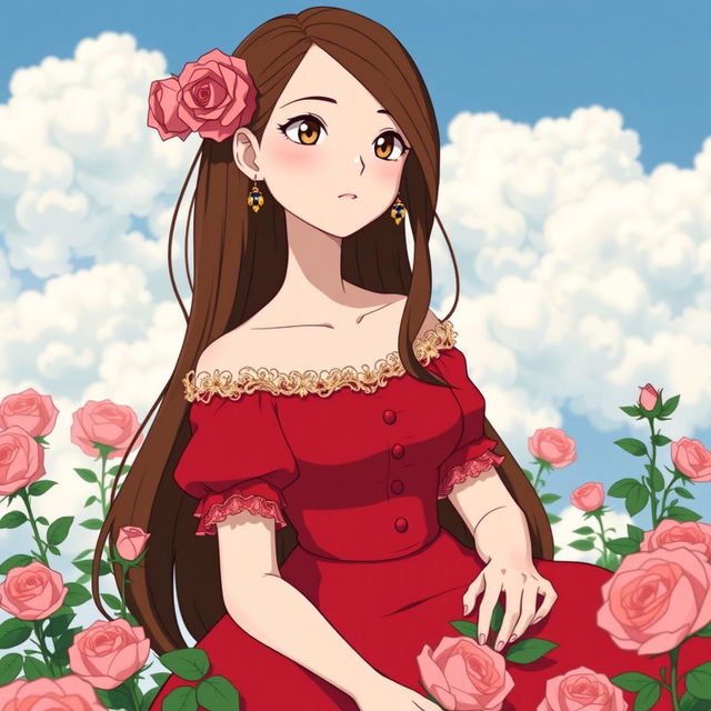 An adult Studio Ghibli-inspired character with long brown hair parted to the side and brown eyes, elegantly attired in a red Victorian-era dress