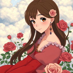 An adult Studio Ghibli-inspired character with long brown hair parted to the side and brown eyes, elegantly attired in a red Victorian-era dress