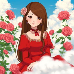 An adult Studio Ghibli-inspired character with long brown hair parted to the side and brown eyes, elegantly attired in a red Victorian-era dress