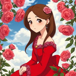 An adult Studio Ghibli-inspired character with long brown hair parted to the side and brown eyes, elegantly attired in a red Victorian-era dress