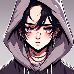 Digital art portrait of an angsty teenager with face tattoos, stormy eyes, messy black hair, silver grill, and black hoodie against a dark gradient background.