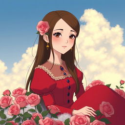 An adult Studio Ghibli-inspired character with long brown hair parted to the side and brown eyes, adorned in a red Victorian-era dress