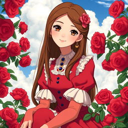 An adult Studio Ghibli-inspired character with long brown hair parted to the side and brown eyes, adorned in a red Victorian-era dress