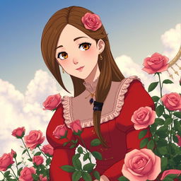 An adult Studio Ghibli-inspired character with long brown hair parted to the side and brown eyes, adorned in a red Victorian-era dress