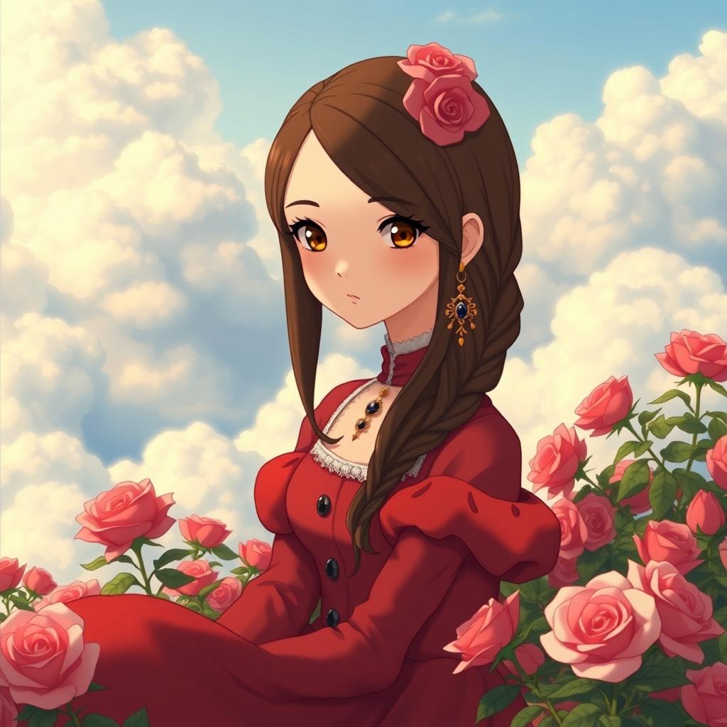 An adult Studio Ghibli-inspired character with long brown hair parted to the side and brown eyes, adorned in a red Victorian-era dress