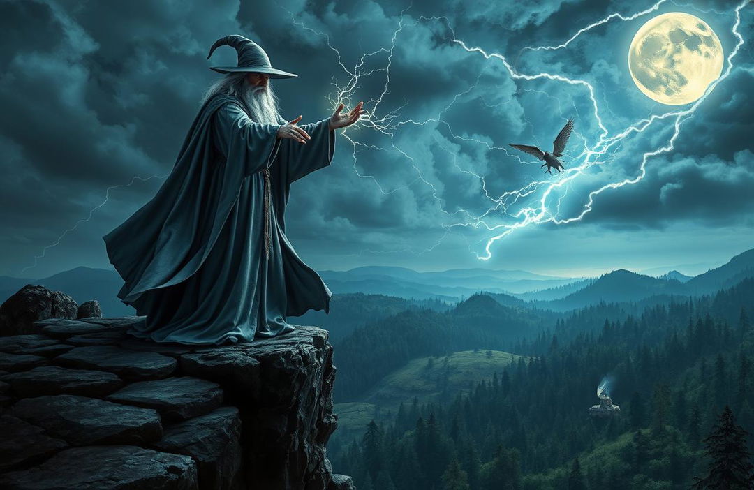 A mystical wizard in a grey, ancient robe standing atop a rocky cliff, casting a powerful spell