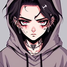 Digital art portrait of an angsty teenager with face tattoos, stormy eyes, messy black hair, silver grill, and black hoodie against a dark gradient background.