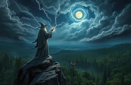 A mystical wizard in a grey, ancient robe standing atop a rocky cliff, casting a powerful spell