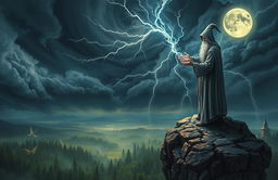 A mystical wizard in a grey, ancient robe standing atop a rocky cliff, casting a powerful spell