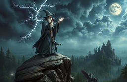 A mystical wizard in a grey, ancient robe standing atop a rocky cliff, casting a powerful spell