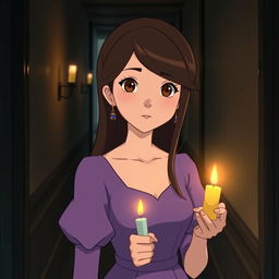 An adult Studio Ghibli-inspired character with long brown hair parted to the side and expressive brown eyes, donning a simple yet elegant purple Victorian-era dress