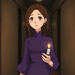 An adult Studio Ghibli-inspired character with long brown hair parted to the side and expressive brown eyes, donning a simple yet elegant purple Victorian-era dress