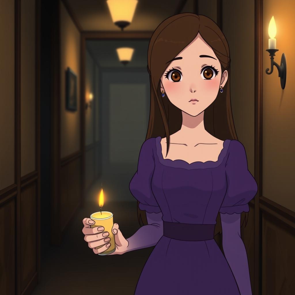 An adult Studio Ghibli-inspired character with long brown hair parted to the side and expressive brown eyes, donning a simple yet elegant purple Victorian-era dress