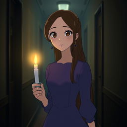 An adult Studio Ghibli-inspired character with long brown hair parted to the side and expressive brown eyes, donning a simple yet elegant purple Victorian-era dress