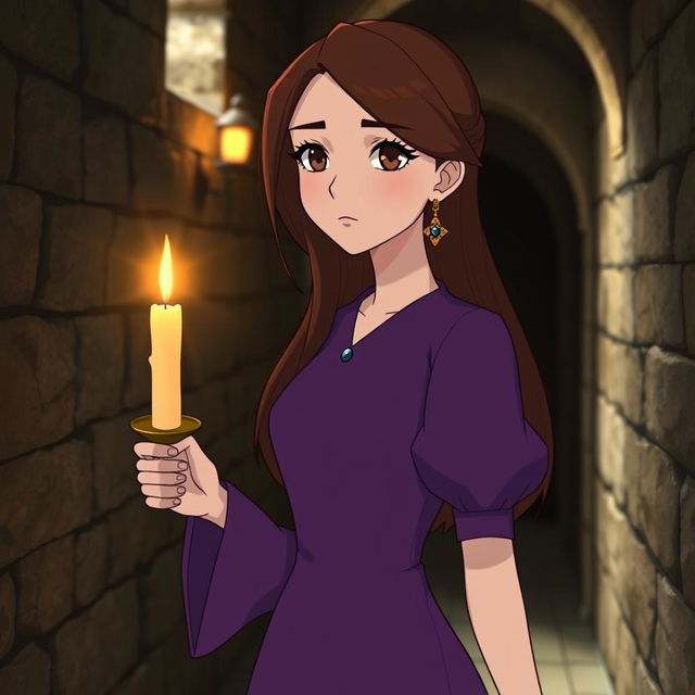 An adult Studio Ghibli-inspired character with long brown hair parted to the side and brown eyes, elegantly dressed in a simple purple Victorian-era dress