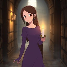 An adult Studio Ghibli-inspired character with long brown hair parted to the side and brown eyes, elegantly dressed in a simple purple Victorian-era dress