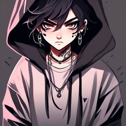 Digital art portrait of an angsty teenager with face tattoos, stormy eyes, messy black hair, silver grill, and black hoodie against a dark gradient background.