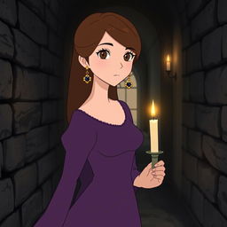 An adult Studio Ghibli-inspired character with long brown hair parted to the side and brown eyes, elegantly dressed in a simple purple Victorian-era dress