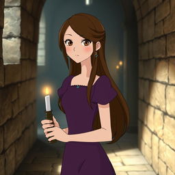 An adult Studio Ghibli-inspired character with long brown hair parted to the side and brown eyes, elegantly dressed in a simple purple Victorian-era dress