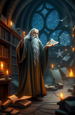 A stunning wizard tale, featuring a wise old wizard in flowing robes standing in an ancient, torch-lit library filled with mystical scrolls, arcane symbols, and floating books