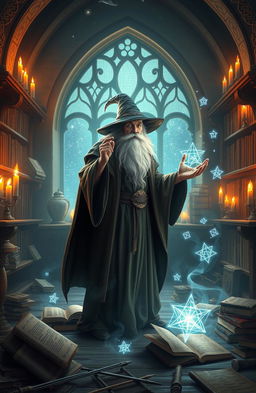 A stunning wizard tale, featuring a wise old wizard in flowing robes standing in an ancient, torch-lit library filled with mystical scrolls, arcane symbols, and floating books